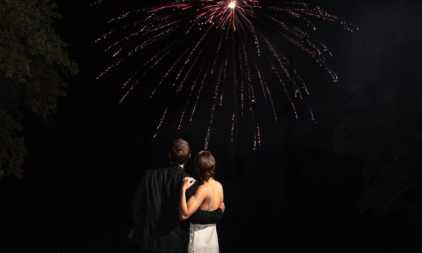 Bride and groom watching fireworks at their Beaufort SC wedding