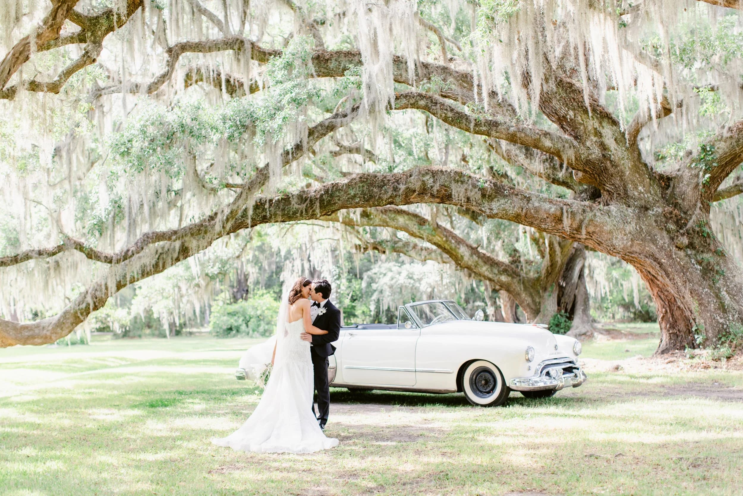Couple under the live oaks at Magnolia Plantation