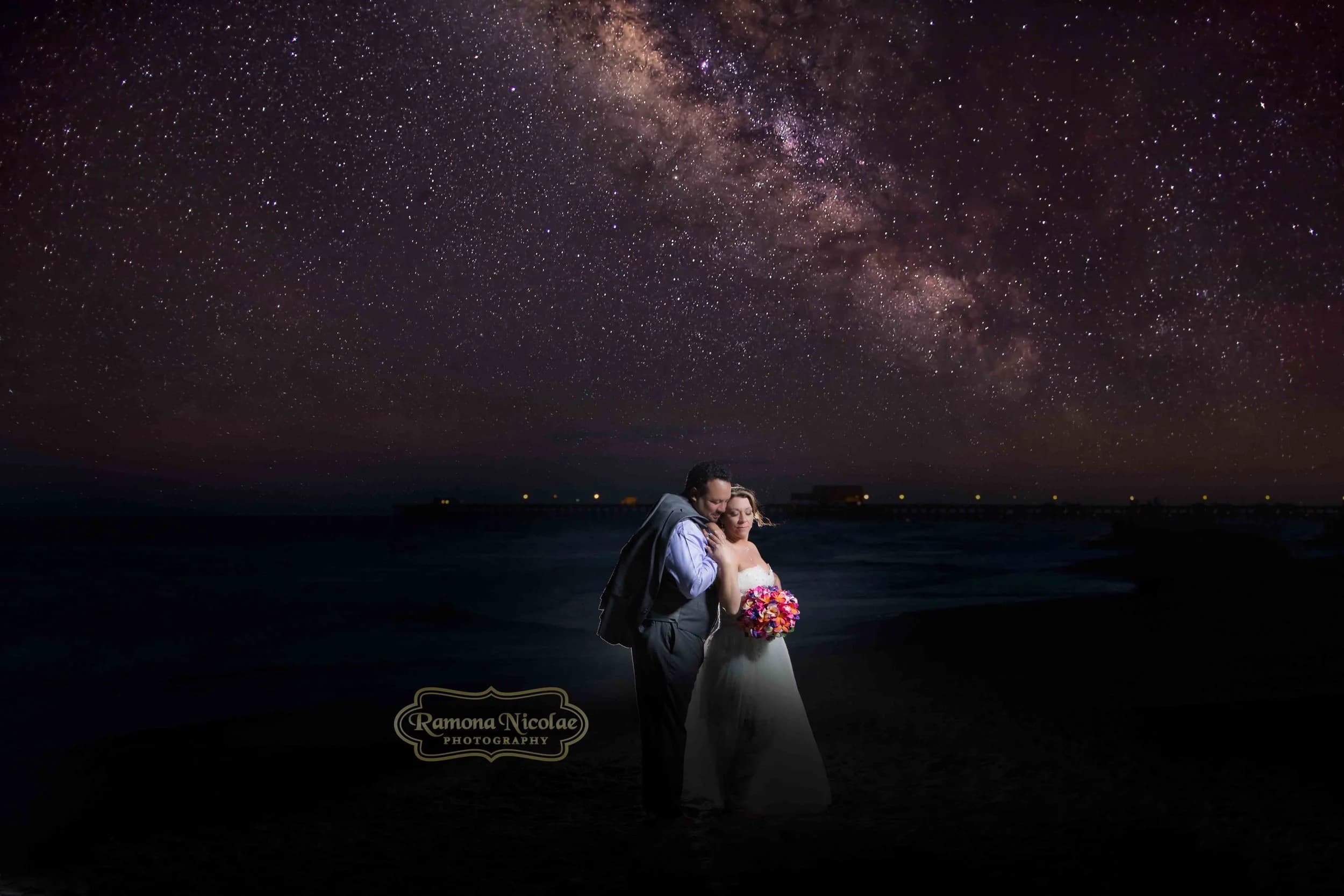 Bride and groom with the Milky Way in the background at the Hilton Myrtle Beach